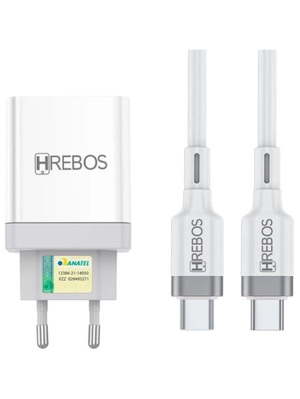 Kit carregador turbo hrebos hs-135c 20w usb-a + usb-c com cabo tipo-c