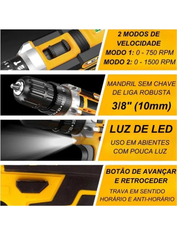 Parafusadeira furadeira 48v sem fio deckcasa wk-93 – 2 baterias li-ion, 24 acessórios e maleta