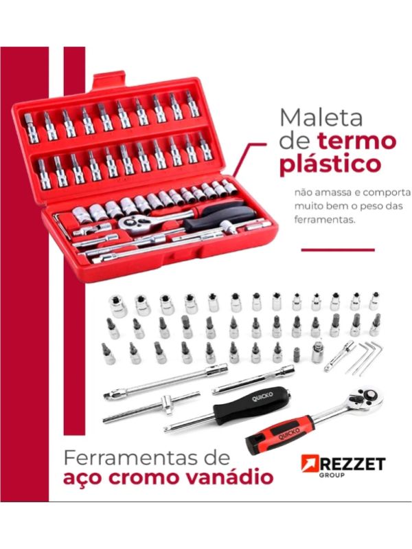 Kit jogo de ferramentas profissional 46 peças – soquetes 1/4” – aço cr-v – chave catraca